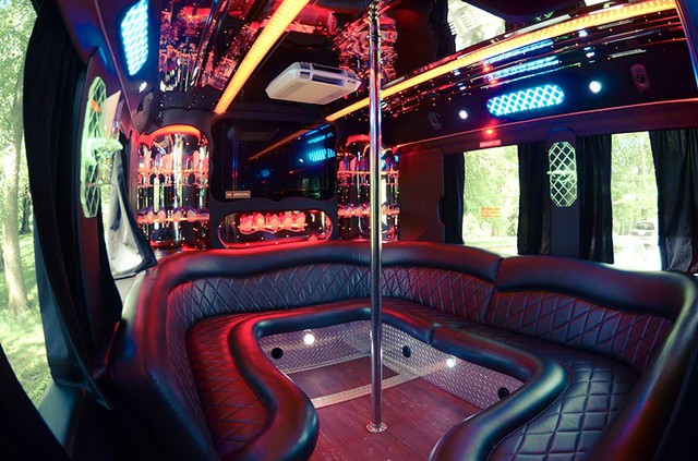 View of a stripper pole in a bedazzled party limo