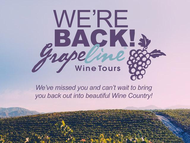 Come Back, We're Ready. We've Missed You & Can't Wait To Bring You Into Beautiful Wine Country. Banner. Pictured is a vineyard; a field full of grapevines. 