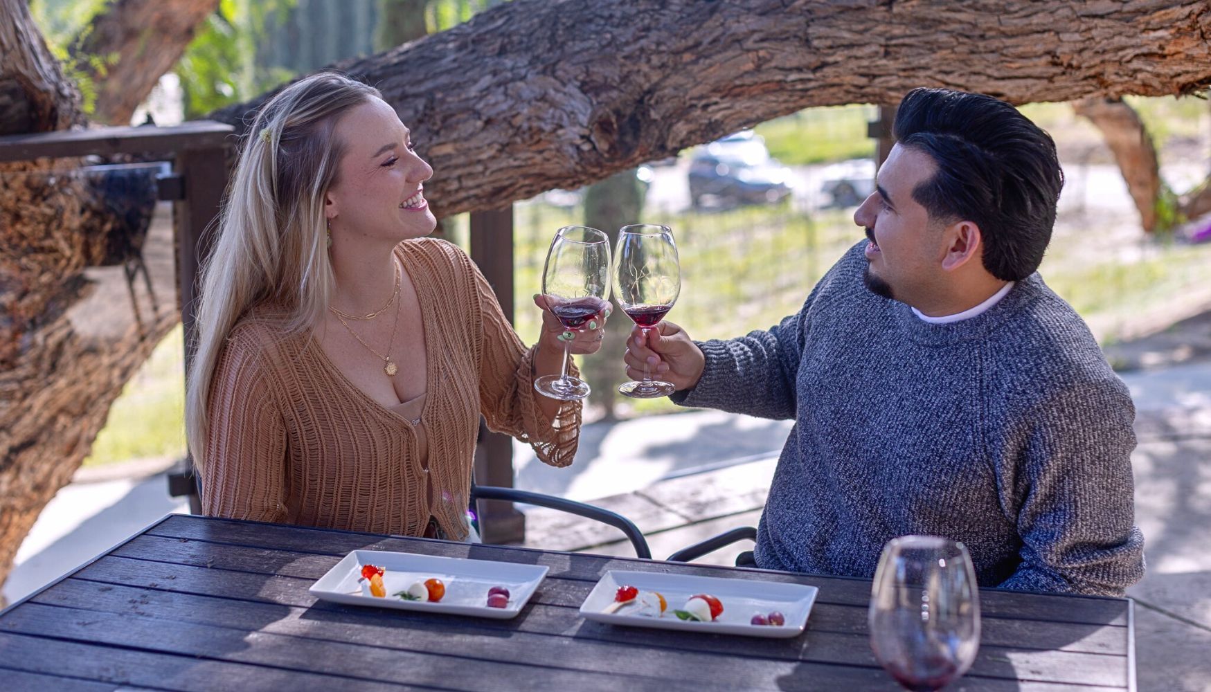 A couple enjoying a wine tour and tasting
