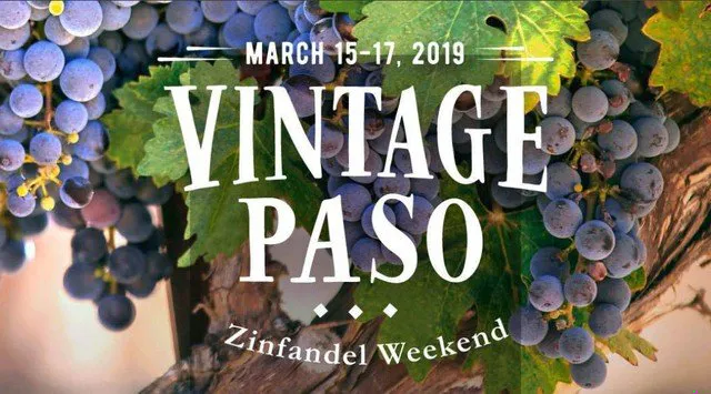 Banner with red wine grapes with information for Vintage Paso in Paso Robles